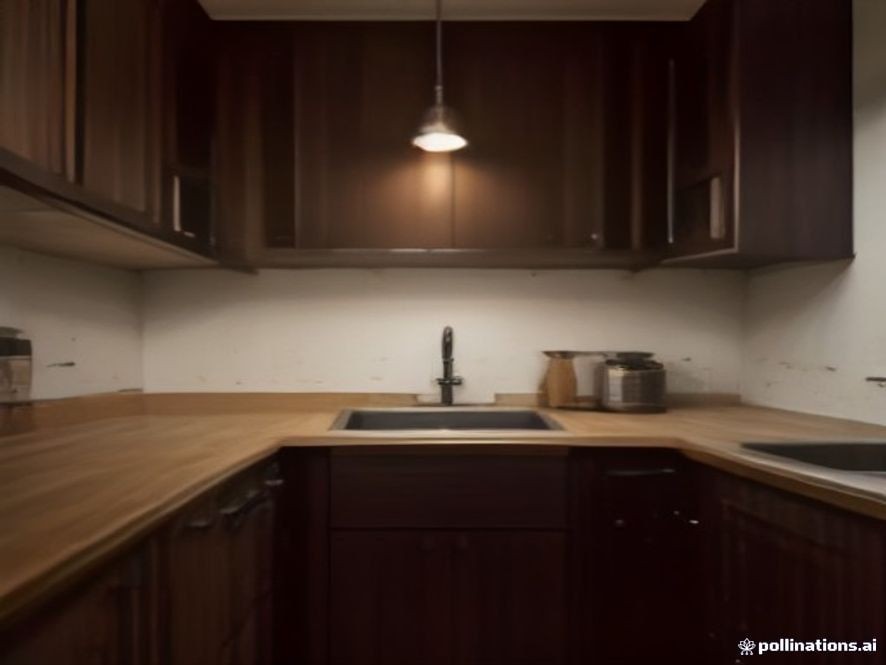 A close up view inside a wooden kitchen cabinet under the sink showing water pipes and moisture.